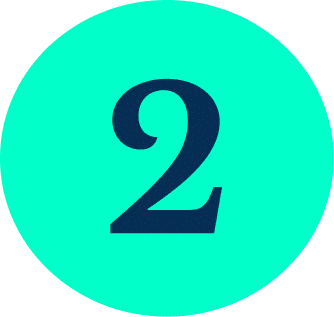 Un grand chiffre 2 en bleu foncé est centré sur un cercle vert turquoise vif sur fond gris clair.