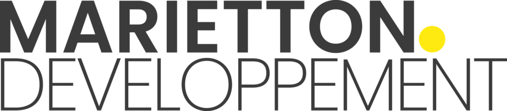 Large black text reads MARIETTON DEVELOPPEMENT on a light background. The second O in MARIETTON is represented by a yellow dot.