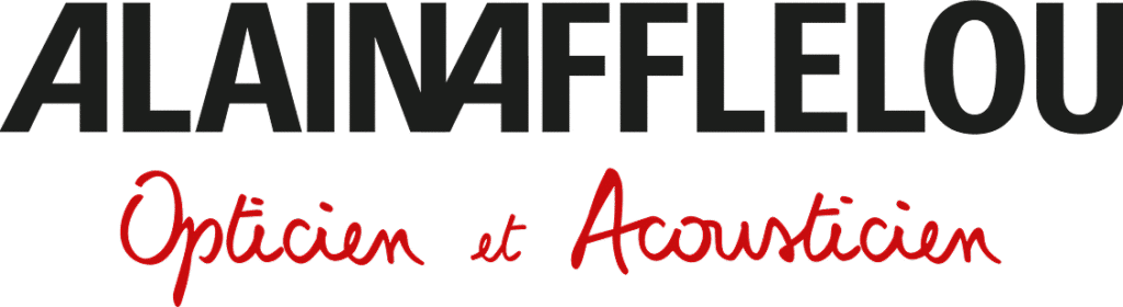 Logo con ALAIN AFFLELOU en letras negras en negrita (las dos F forman el número 4), y Opticien et Acousticien escrito debajo en letra cursiva roja.