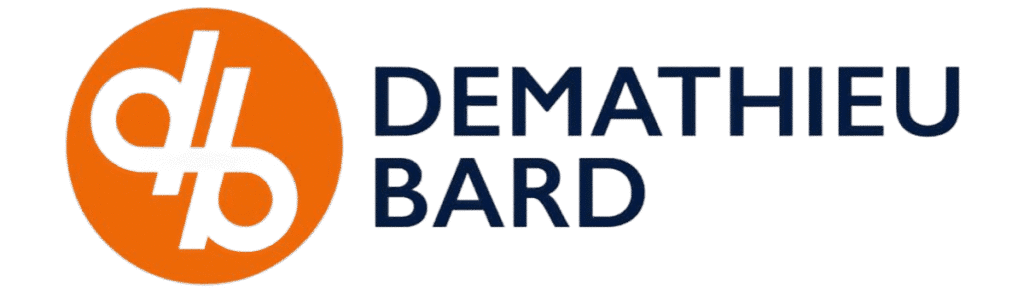 Logo de Demathieu Bard. El lado izquierdo presenta una db blanca estilizada en minúsculas dentro de un círculo naranja. A la derecha, DEMATHIEU BARD está escrito en letras mayúsculas y en negrita de color azul marino.