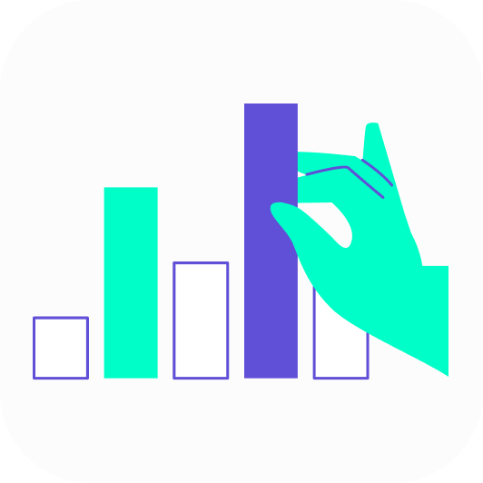 Un graphique stylisé d'une main ajustant la barre la plus haute sur un graphique à barres avec quatre barres verticales, en bleu sarcelle ou violet, sur fond blanc, parfait pour illustrer une solution de gestion de voyages d'affaires.