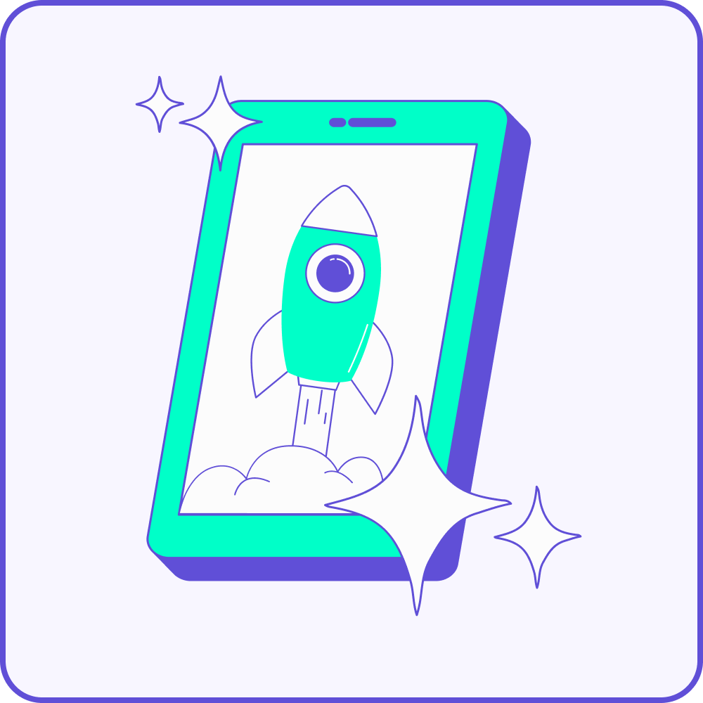 Dessin stylisé d'un smartphone avec une fusée lancée de son écran, entouré de trois étoiles brillantes, symbolisant la technologie, l'innovation ou la croissance d'une startup.