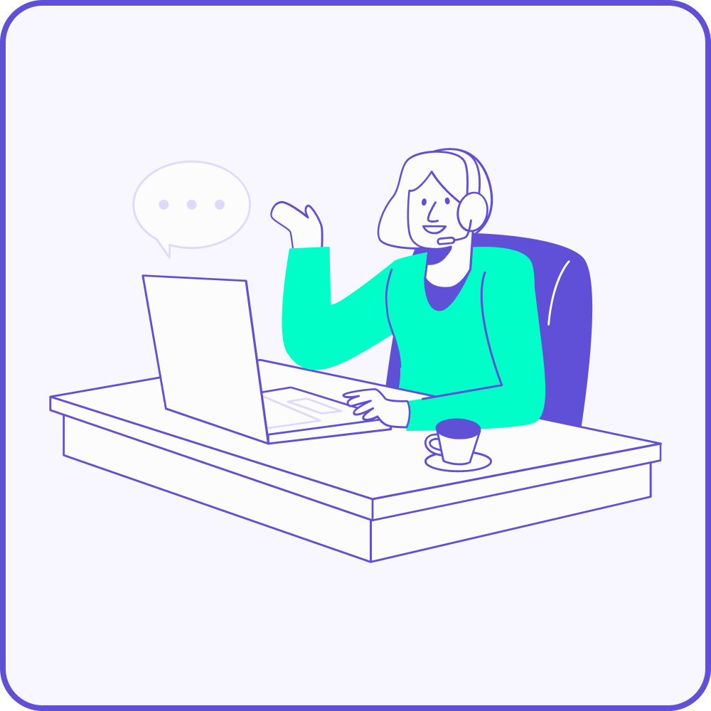 Illustration d'une personne portant un casque, assise à un bureau avec un ordinateur portable et une tasse, faisant un signe de la main et souriant, suggérant qu'elle est en train de participer à un appel vidéo ou à une réunion virtuelle. Une bulle de dialogue avec trois points apparaît près d'eux.