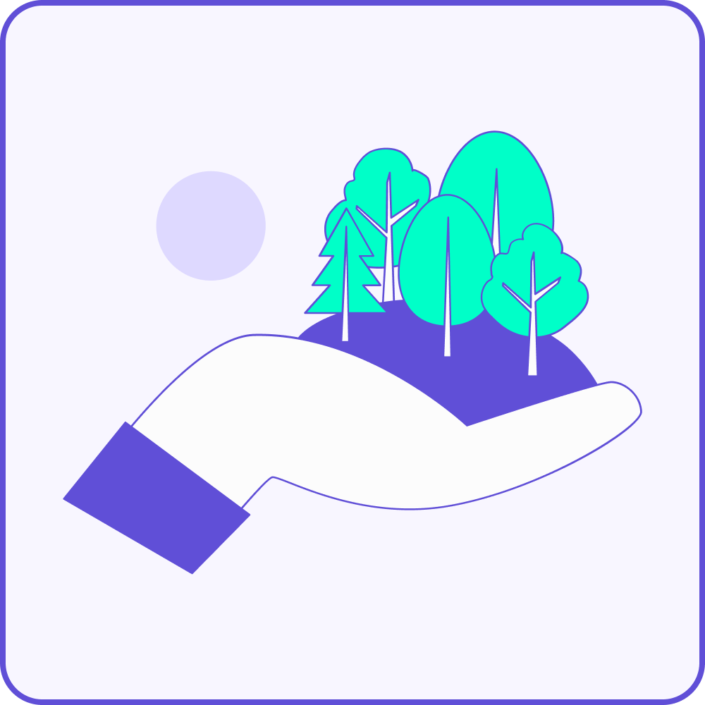 Illustration stylisée d'une main tenant une parcelle de terre avec plusieurs arbres verts, symbolisant la protection et la conservation de l'environnement. Un soleil pâle ou un cercle est visible en arrière-plan.
