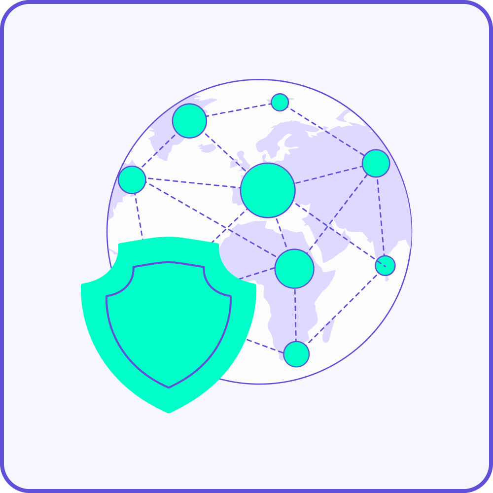 Illustration d'un globe avec des nœuds interconnectés et un symbole de bouclier devant, représentant la cybersécurité mondiale, la protection de l'internet ou des connexions de réseau sécurisées.