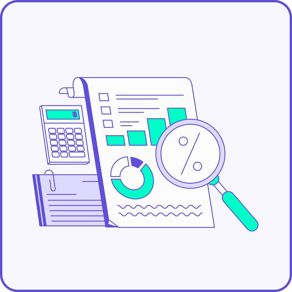 Illustration d'une calculatrice, d'un classeur et d'un document financier comportant des diagrammes à barres et des diagrammes circulaires. Une loupe avec un signe de pourcentage est placée au-dessus du document, suggérant une analyse de données ou un examen financier.