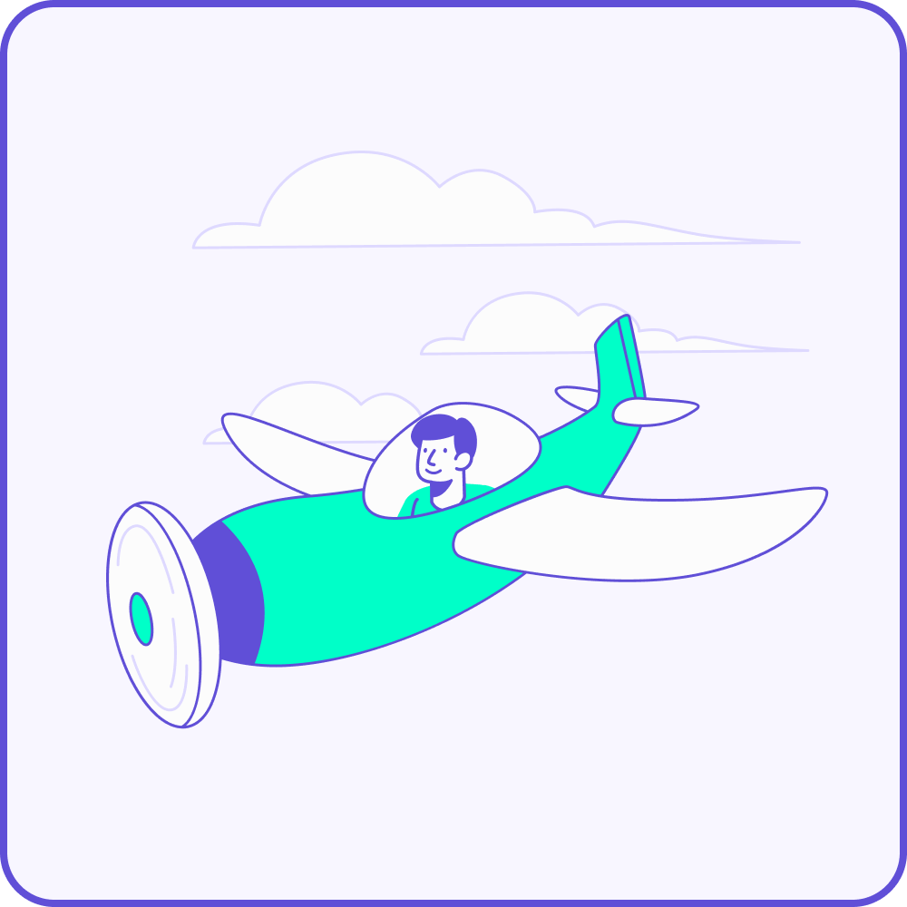 Illustration de bande dessinée d'une personne souriante pilotant un avion sarcelle et blanc dans le ciel avec des nuages en arrière-plan.