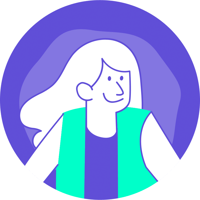 Illustration minimaliste d'une personne souriante aux cheveux longs, aux contours blancs avec un gilet sarcelle, sur un fond circulaire violet.