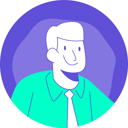Illustration simple, de style plat, d'une personne souriante à la peau claire, aux cheveux courts, portant une chemise sarcelle et une cravate blanche, sur un fond circulaire violet.