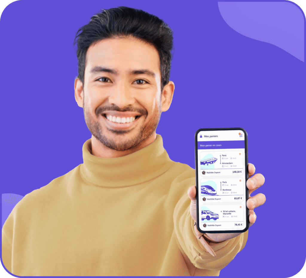 Un homme souriant, vêtu d'un col roulé beige, tient un smartphone affichant une application de covoiturage ou de location de voiture avec les options et les prix des véhicules, sur un fond violet.